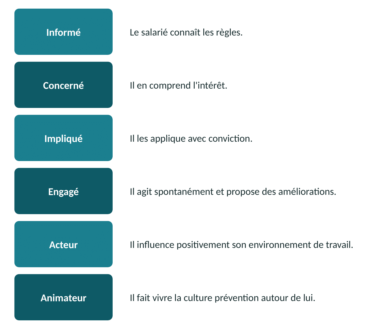 L'échelle de maturité de la culture prévention, du niveau « Informé » au niveau « Animateur ».